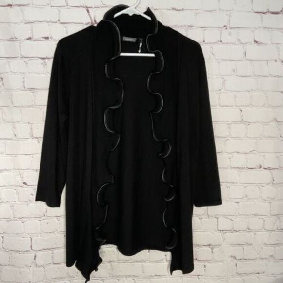Neiman‎ Marcus Sweater Open Ruffle Front Cardigan Faux Leather Trim 3/4 Sleeve M - Picture 1 of 7